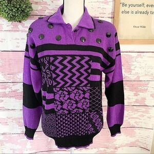 VINTAGE RICH AND LEVY Purple Print Studded Sweater Medium Geometric Medium